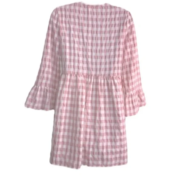 UO Exclusive pink & white textured checked bell ls babydoll dress size XS in EUC - Picture 5 of 16
